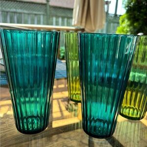 Vibrant Blue and Green Ribbed Glass Drinkware